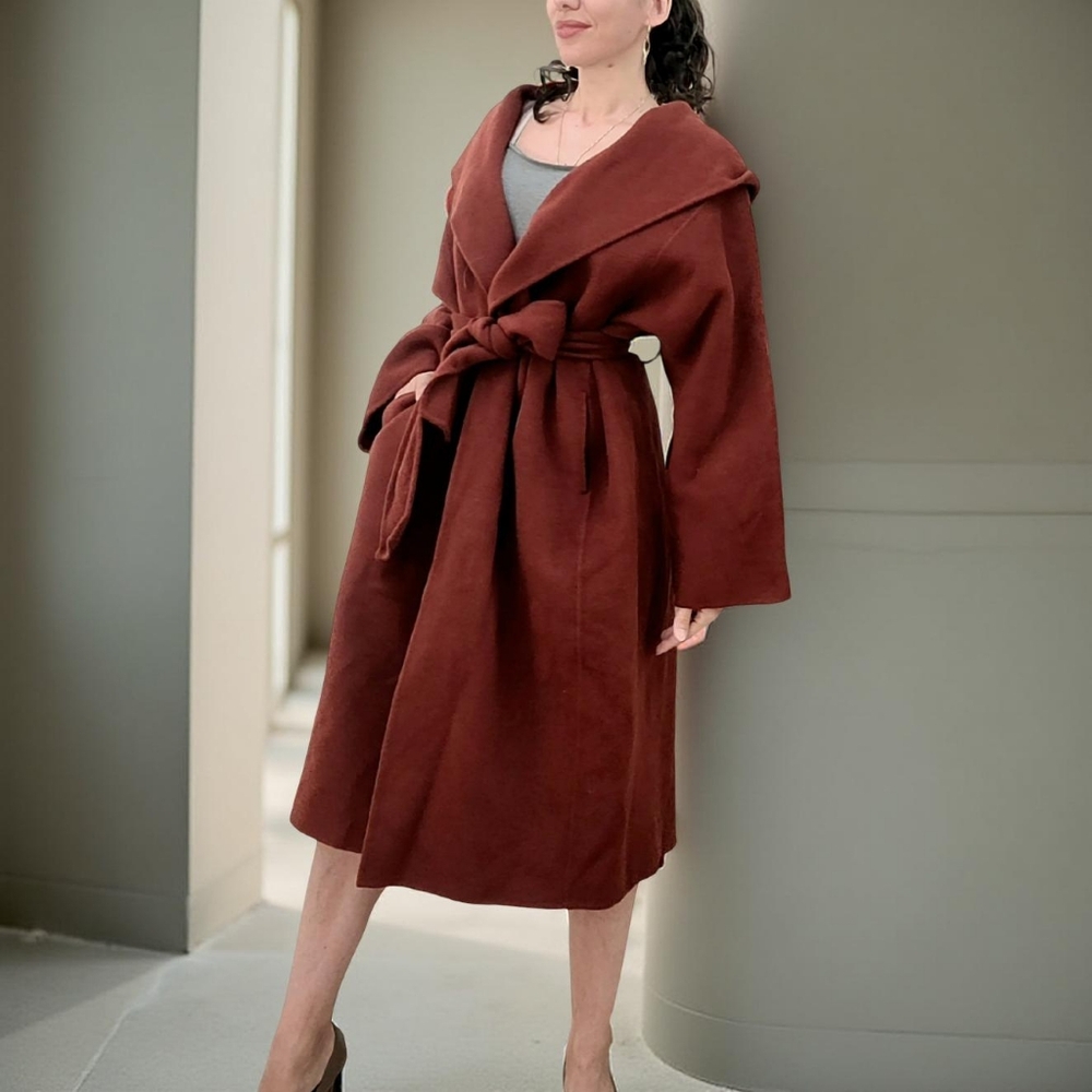 NWT 90% Wool Elegant Hooded Rust Red/Brown Belted Oversize Coat - Picture 2 of 9
